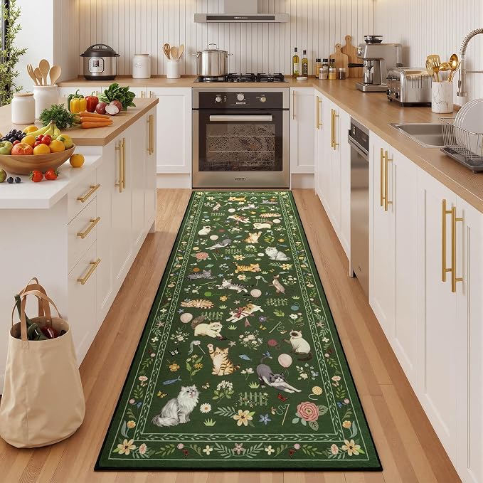 Unirea 2.6x8 Dark Green Cat Runner Rug, Washable Non Slip Botanical Rug by UNIREA