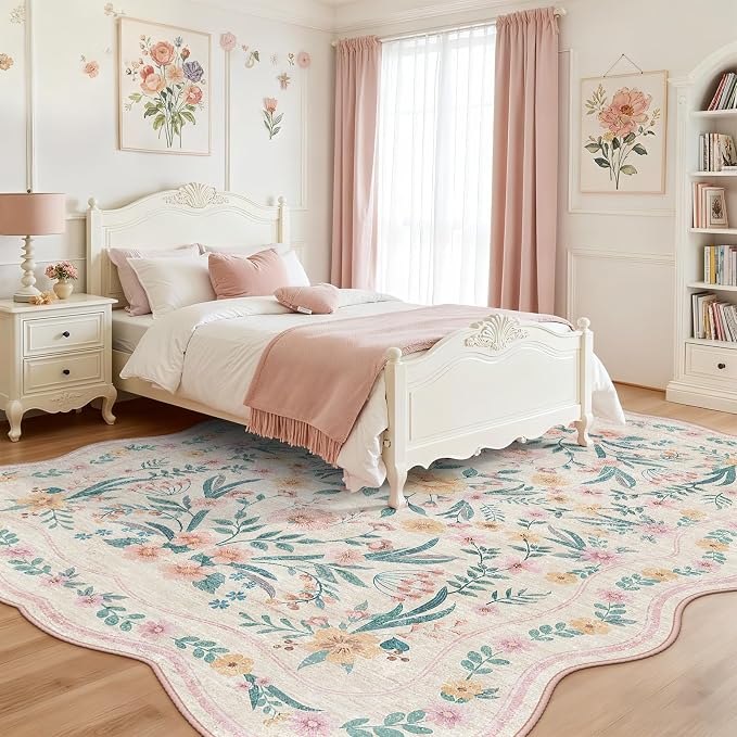 7x9 Pink Rug for Living Room, Scalloped Floral Rug for Girls Dorm, Washable - Image 2