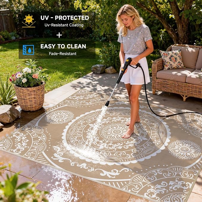 Pauwer Waterproof Outdoor Rug 8x10, Reversible Plastic Straw Patio Camping Rug - Image 4