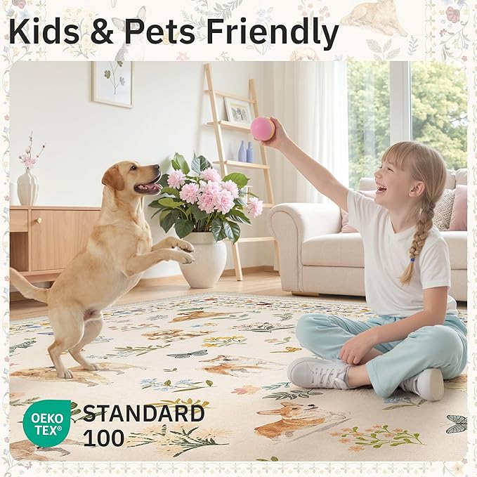 Soalmost Dog 9x12 Area Rugs for Living Room, Machine Washable Animal Floral - Image 5