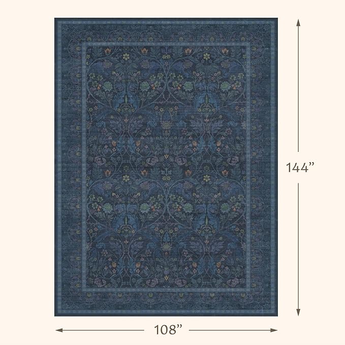9x12 Vintage Big Floor Rugs for Living Room, Machine Washable Soft Dark Blue - Image 2