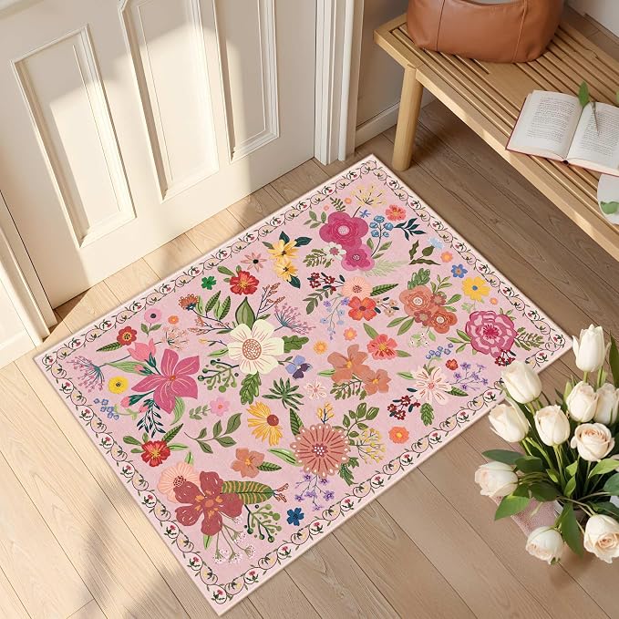Latte&Fog Floral Entryway Area Rug, 2x3 Washable Pink Rugs - Image 3