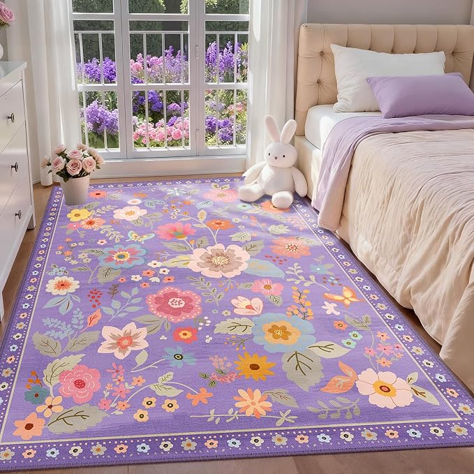 RELEANY Floral 4x6 Area Rugs Washable Print Boho Cute Carpet Non Slip Flower by RELEANY