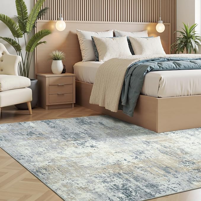 Area Rug 6x9 Washable Rugs for Living Room Blue Beige, Modern Abstract Non-Slip - Image 7