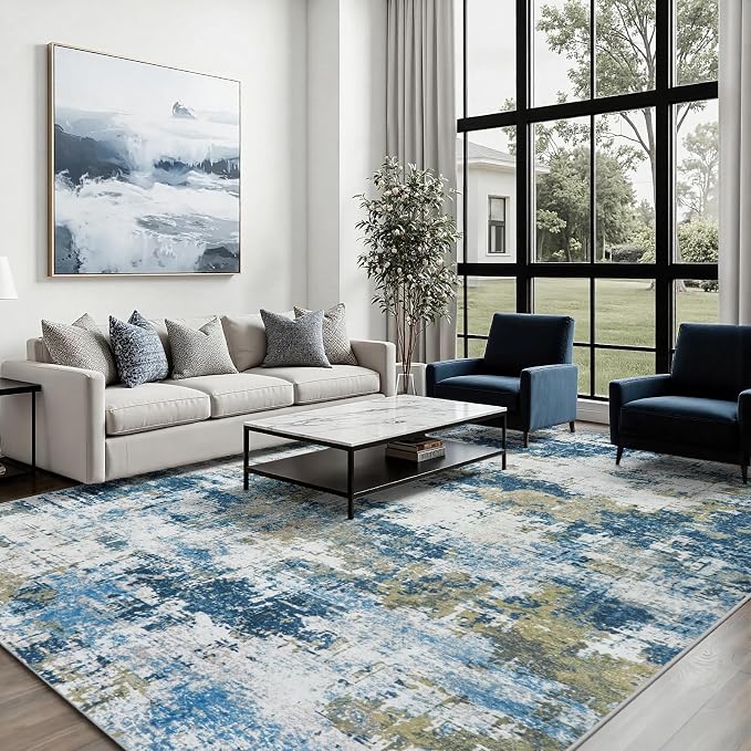 Area Rug 5x7 Living Room Rug Washable: No-Slip Abstract Soft Thin Large Blue - Image 4