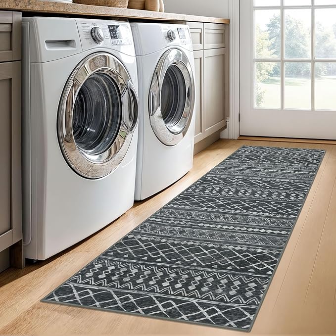 KUTA 2x6 Washable Runner Rug Non-Slip, Dark Grey Beige Moroccan Boho Rug Runner - Image 3