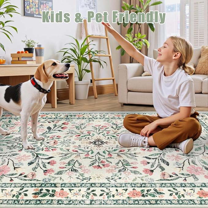 Runner Rug for Entryway: 3x10 Kitchen Rugs Floral Washable Rug Green/Beige | - Image 6