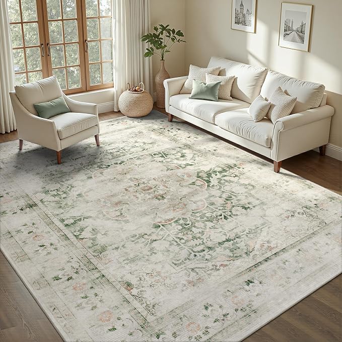 DCX 9x12 Green Rug, Machine Washable Stain Resistant Distressed Vintage Rug by DCXWashableRug