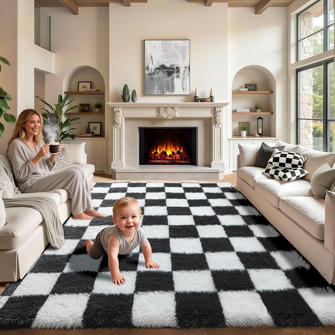 KICMOR 7x9 Area Rug for Living Room Bedroom, Large Black and White Checkered - Image 5