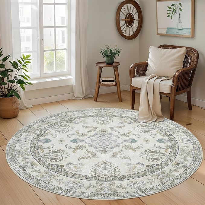 Round 8Ft Washable Area Rug, Vintage Floral Low Pile Non Slip Carpet by Dotiiorug