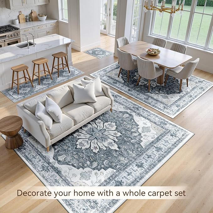 RELEANY Area Rugs 8'x10' Washable Non-Slip, Floral Vintage Distress Medallion - Image 3
