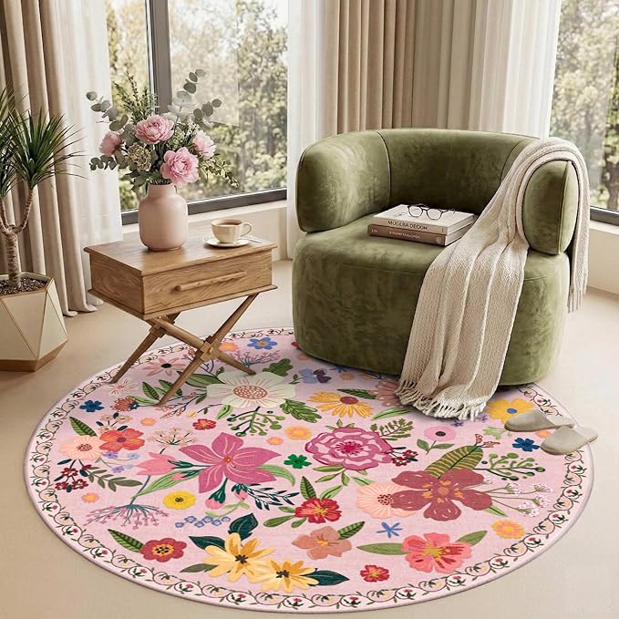 Latte&Fog Pink Floral Circle Area Rug, 4ft Round Cute Area Rug, Low Pile Non - Image 3