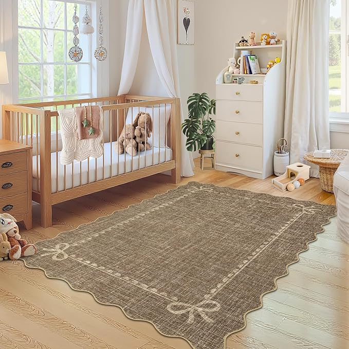 GarveeHome Scalloped Bow Rug for Living Room, Solid Brown Rug for Dorm - Image 2