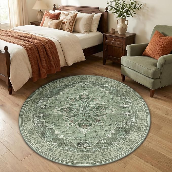 RELEANY Area Rugs Round 4ft Washable Non-Slip, Floral Vintage Distress by RELEANY