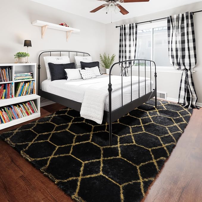 ONASAR Area Rugs for Bedroom Living Room, 4x6 Fluffy Black and Gold Throw Rug - Image 8