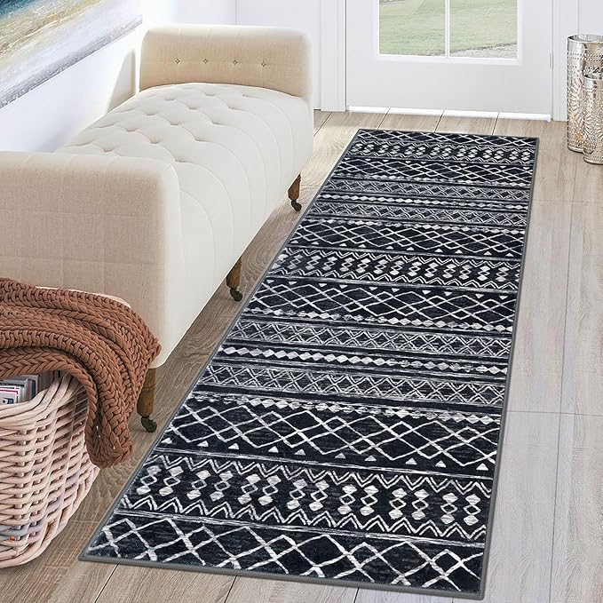KUTA Moroccan Washable Hallway Runner Rug, 2x6 Non-Slip Vintage Black Boho Rugs by KUTA