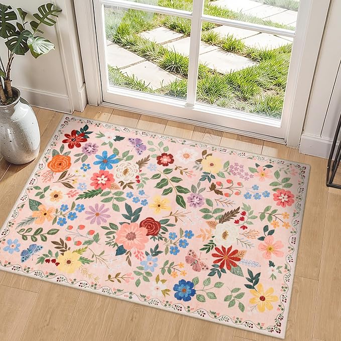 Entryway Rug 2X3 Small Rugs: Floral Washable Door Mat Vintage Soft Low Pile by PLHXFRSoftAreaRugs