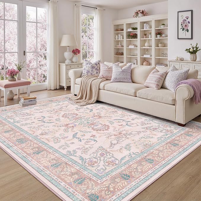 DCX 5x7 Pink Vintage Floral Rug, Machine Washable Non Slip Low Pile Carpet - Image 2