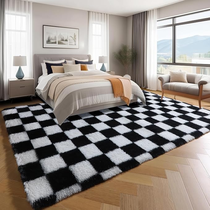 KICMOR 7x9 Area Rug for Living Room Bedroom, Large Black and White Checkered - Image 3