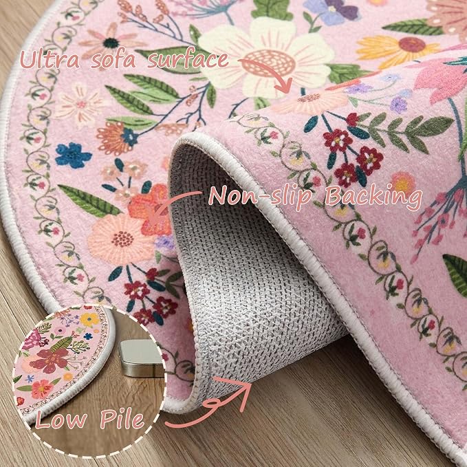 Latte&Fog Pink Floral Circle Area Rug, 4ft Round Cute Area Rug, Low Pile Non - Image 6