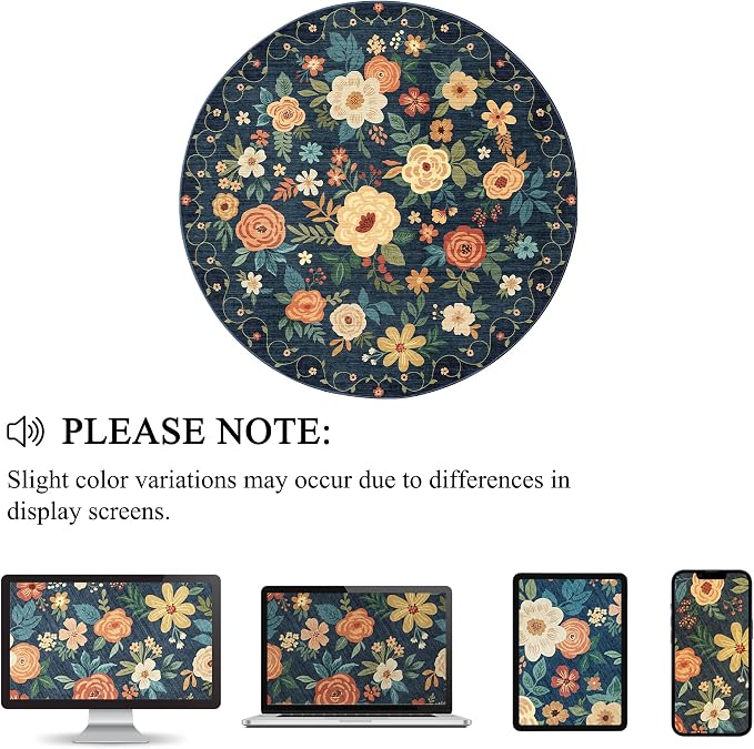 DUKINO Floral Round Rug, 4ft Washable Circle Rug, Non Slip Indoor Low Pile - Image 3