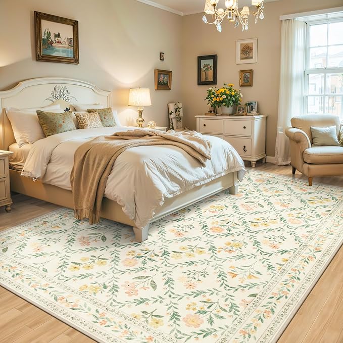 10x14 Area Rugs for Living Room: Floral Washable Rug Vintage Large Soft Boho - Image 3