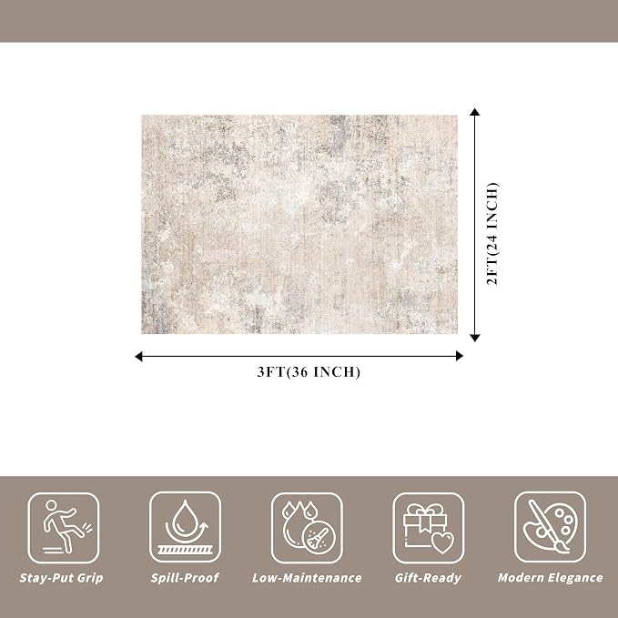 2x3 Washable Non-Slip Rug – Modern Abstract Neutral Small Throw Area Rug - Image 2