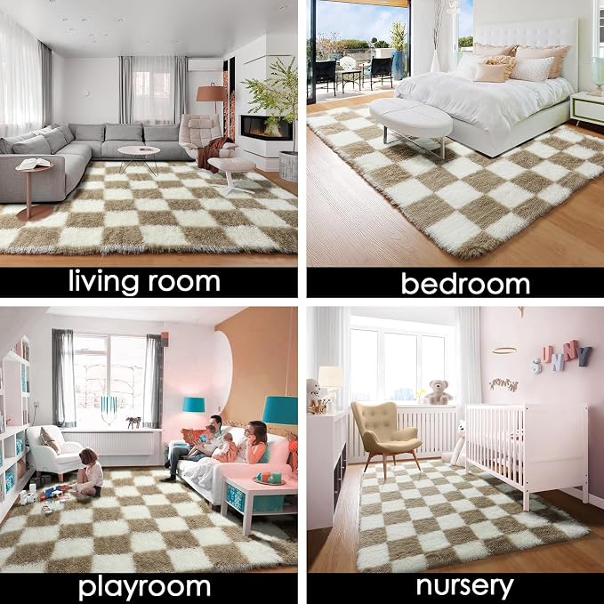 KICMOR Rugs for Living Room, 5x8 Fluffy Soft Beige and Cream White Checkered - Image 7
