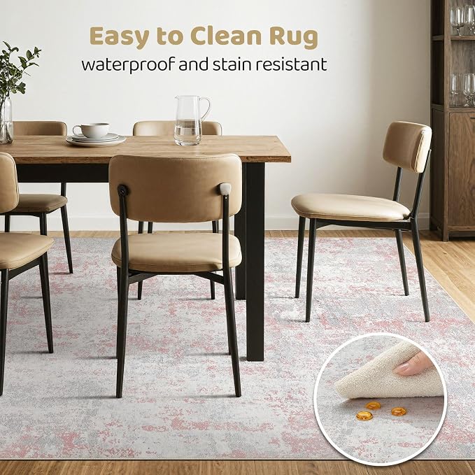 Pink Rug 5x8 Living Room: Washable Large Abstract Neutral Modern Soft Rug Stain - Image 6