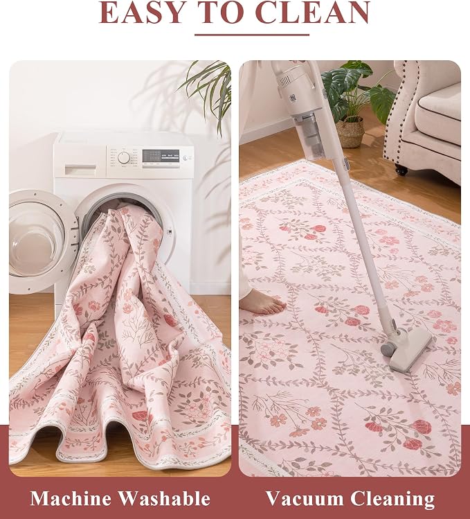 YIHOUSE 5x7 Pink Floral Rug for Bedroom Girls, Washable Area Rugs for Living - Image 6