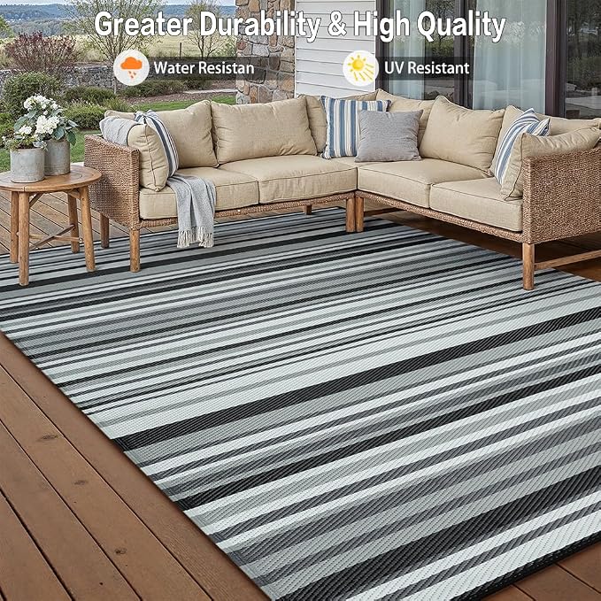 Outdoor Plastic Straw Rug Waterproof Patio 9x12 Black White Stripe Mat - Image 4