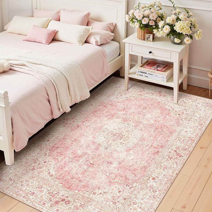 Latte&Fog 3x5 Entryway Pink Area Rugs, Vintage Floral Washable Rugs Cute Girls - Image 4