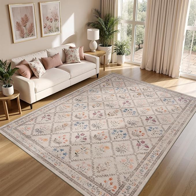 DCX Washable 5x7 Rose Biege Floral Rug - Image 4