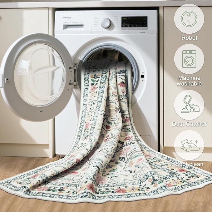 Round Area Rug for Living Room: 6 ft Floral Washable Circle Rug Soft Non-Slip - Image 7