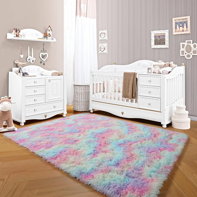 ONASAR Rainbow Area Rugs for Girls Bedroom, 4x6 Fluffy Bedside Colorful Rug - Image 7