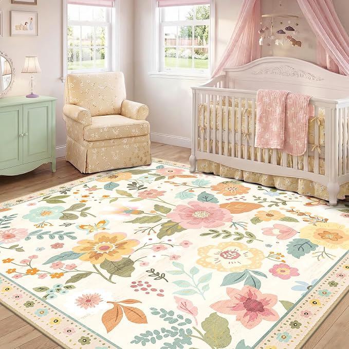 RELEANY Floral Square 8ft Area Rugs Washable Print Boho Cute Carpet Non Slip - Image 2