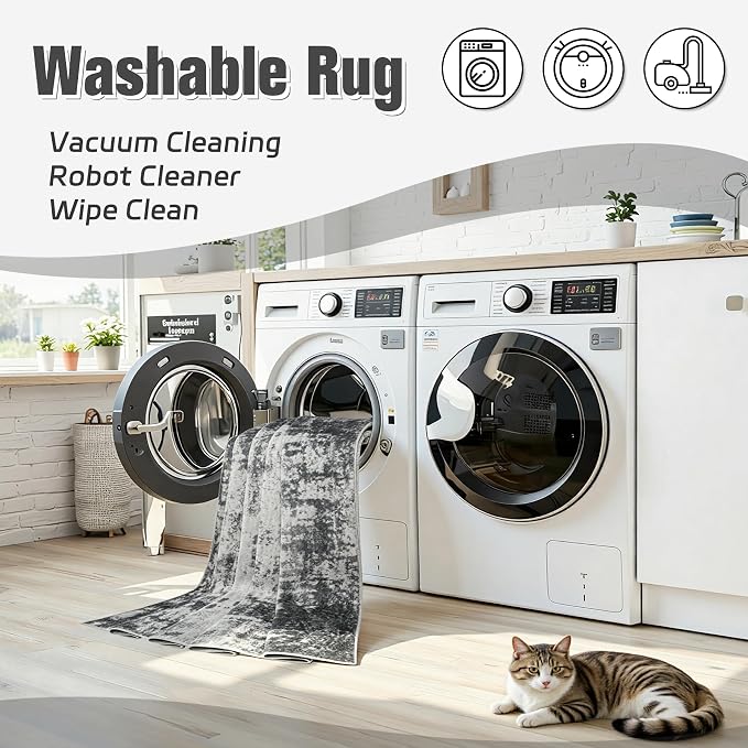 Area Rug 9x12 Living Room Rug Washable: No-Slip Abstract Soft Thin Large Gray - Image 2
