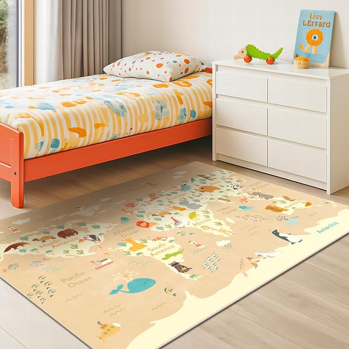 Kids Bedroom Rug with World Map & Animals – 4x6 Educational Washable Play Mat by HazoHaus