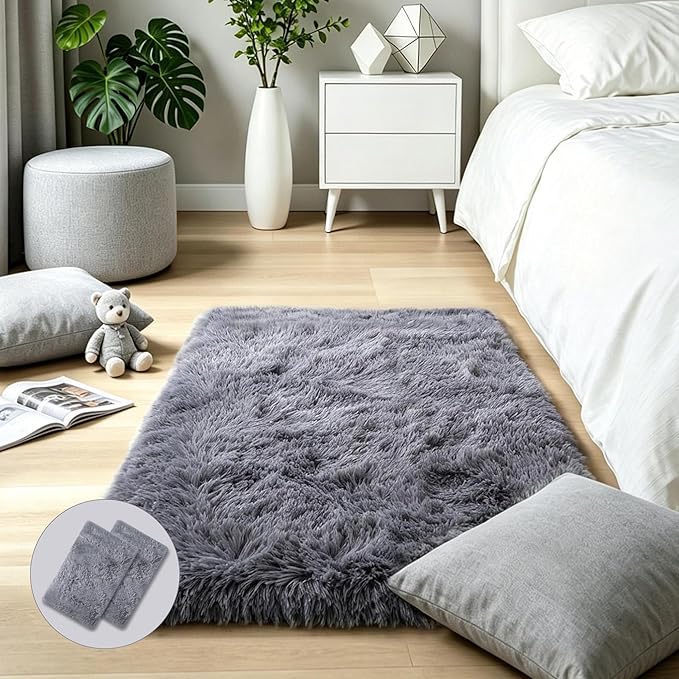2x3 Grey Fluffy Shag Rug for Bedroom Soft Plush Fuzzy Washable Non Slip Carpet by KICHOWUA