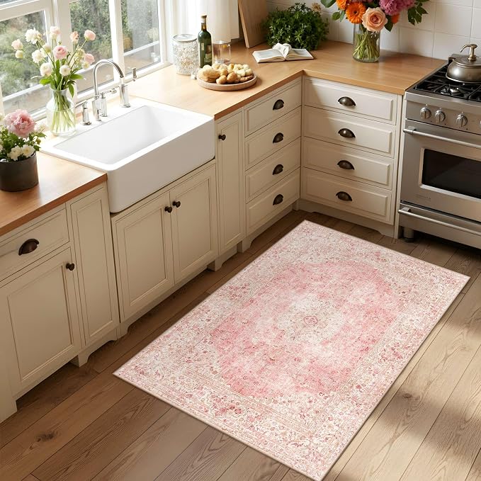 Latte&Fog Entryway Pink Rug, Vintage Floral 2x3 Washable Area Rugs - Image 4