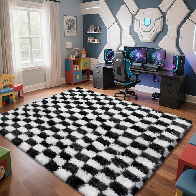 Checkered Rug for Living Room, 8x10 Black and White Area Rugs, Classic - Image 3