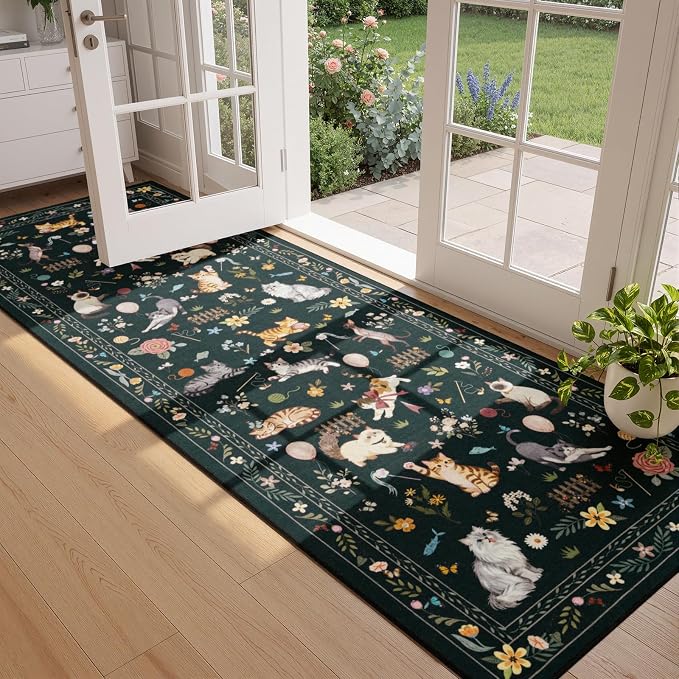 Unirea 2.6x8 Black Cat Runner Rug, Washable Non Slip Botanical Rug - Image 7