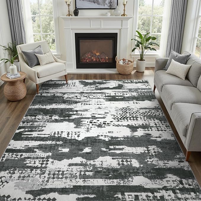 DCX Abstract Area Rug 6x9, Washable Black Modern Rug - Image 4
