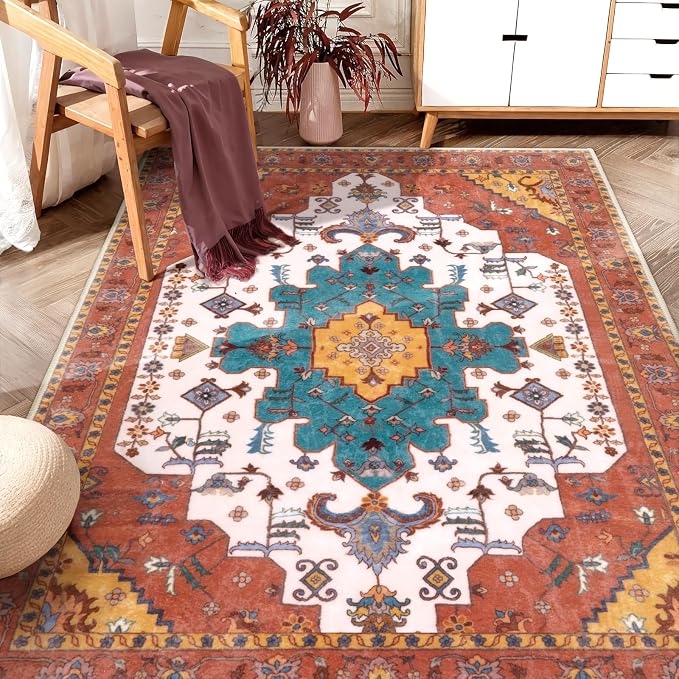 SERISSA Boho Area Rug 5x7 Orange, Washable Large Rugs by SERISSAHomeDecorCollection
