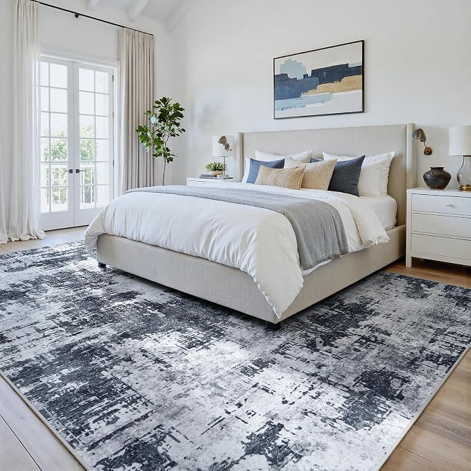 5x7 Area Rugs for Living Room Washable: Abstract Soft Thin Low Pile Black Rug - Image 8