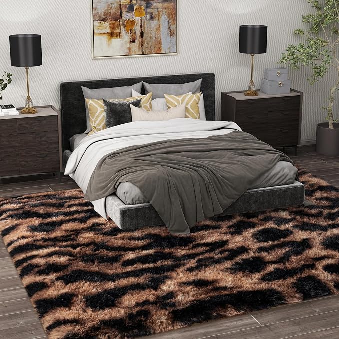 Shag Rugs for Bedroom, 4x6 Tie-Dyed Brown Leopard Soft Fuzzy Rugs for Living - Image 3