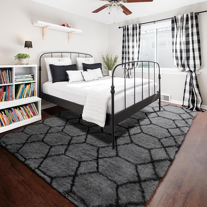 ONASAR 5x8 Area Rugs for Living Room, Fluffy Soft Grey and Black Geometric Rug - Image 7