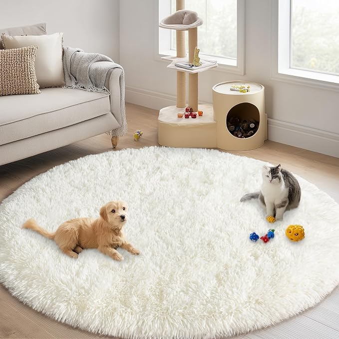 Round White Rug for Bedroom, 4 ft Circle Area Rugs for Living Room, Soft Fluffy - Image 4