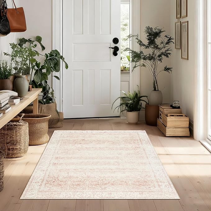 BILEEHOME Vintage Pink Rug 3x5 Washable Non Slip Floral Aesthetic Indoor Rugs - Image 5