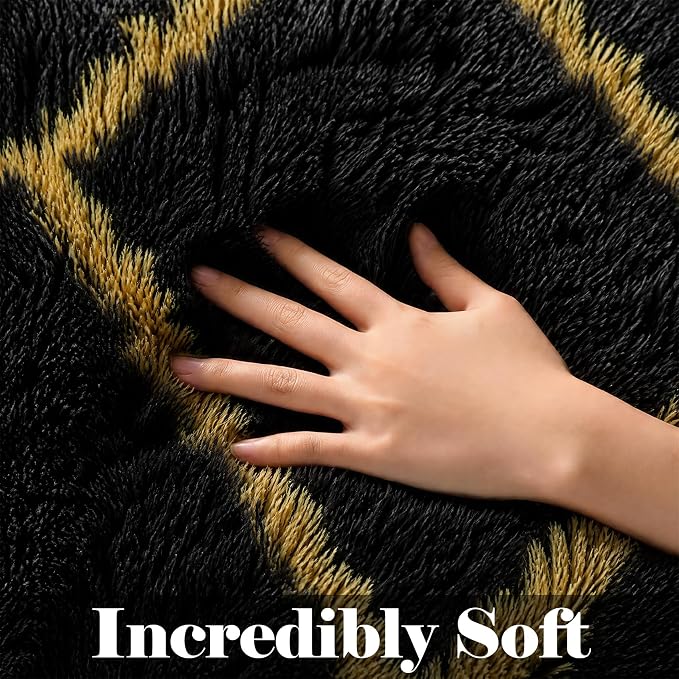 ONASAR 6x9 Area Rugs for Living Room Bedroom, Large Fluffy Black and Gold Throw - Image 2